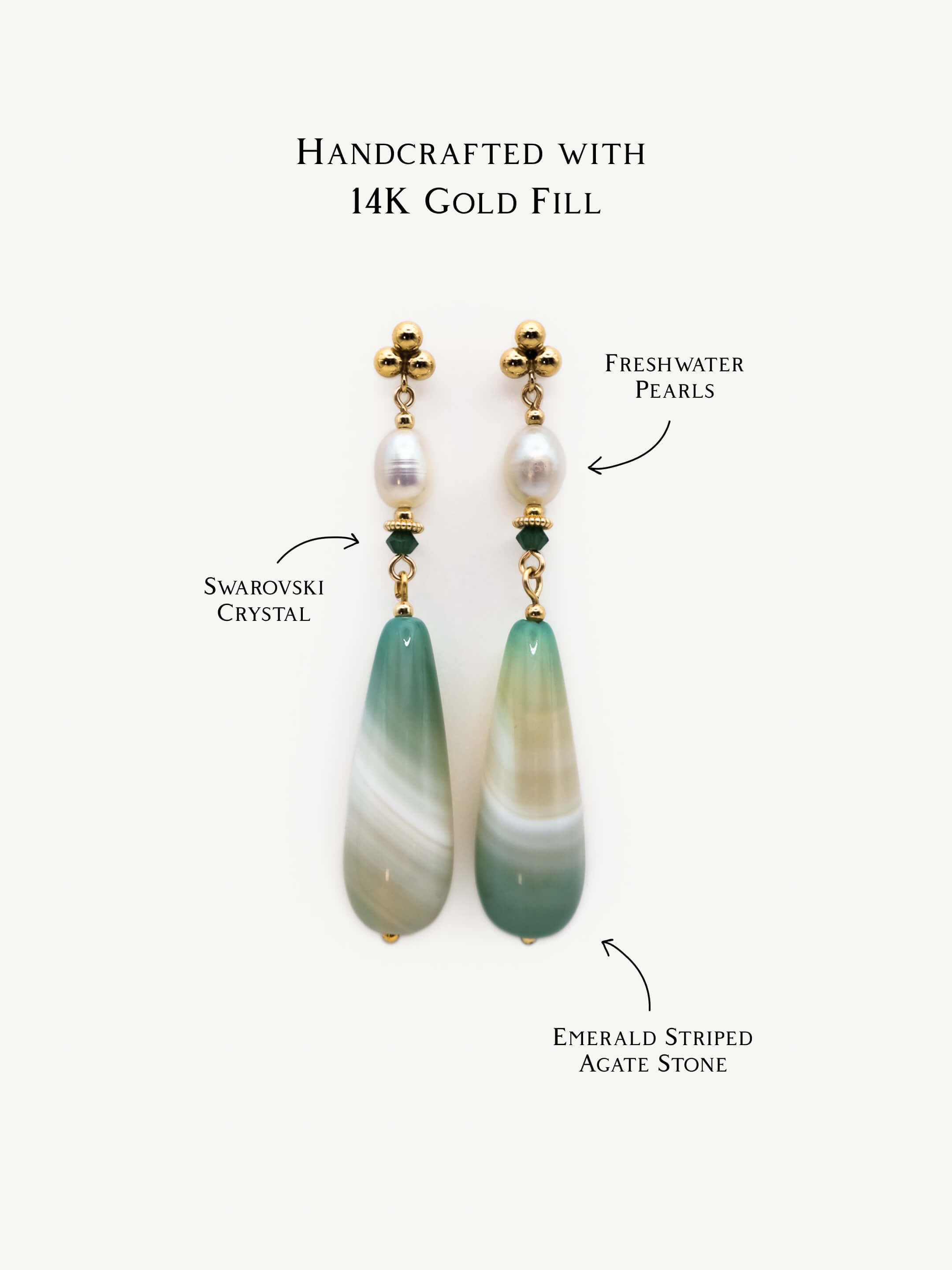 Emerald Striped Stone & Pearl Dangle Earrings