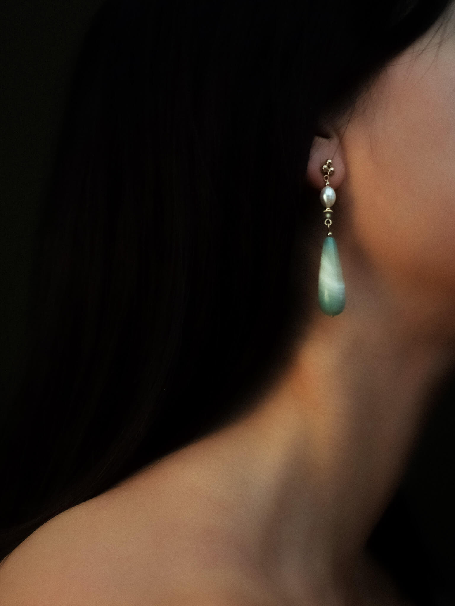 Emerald Striped Stone & Pearl Dangle Earrings