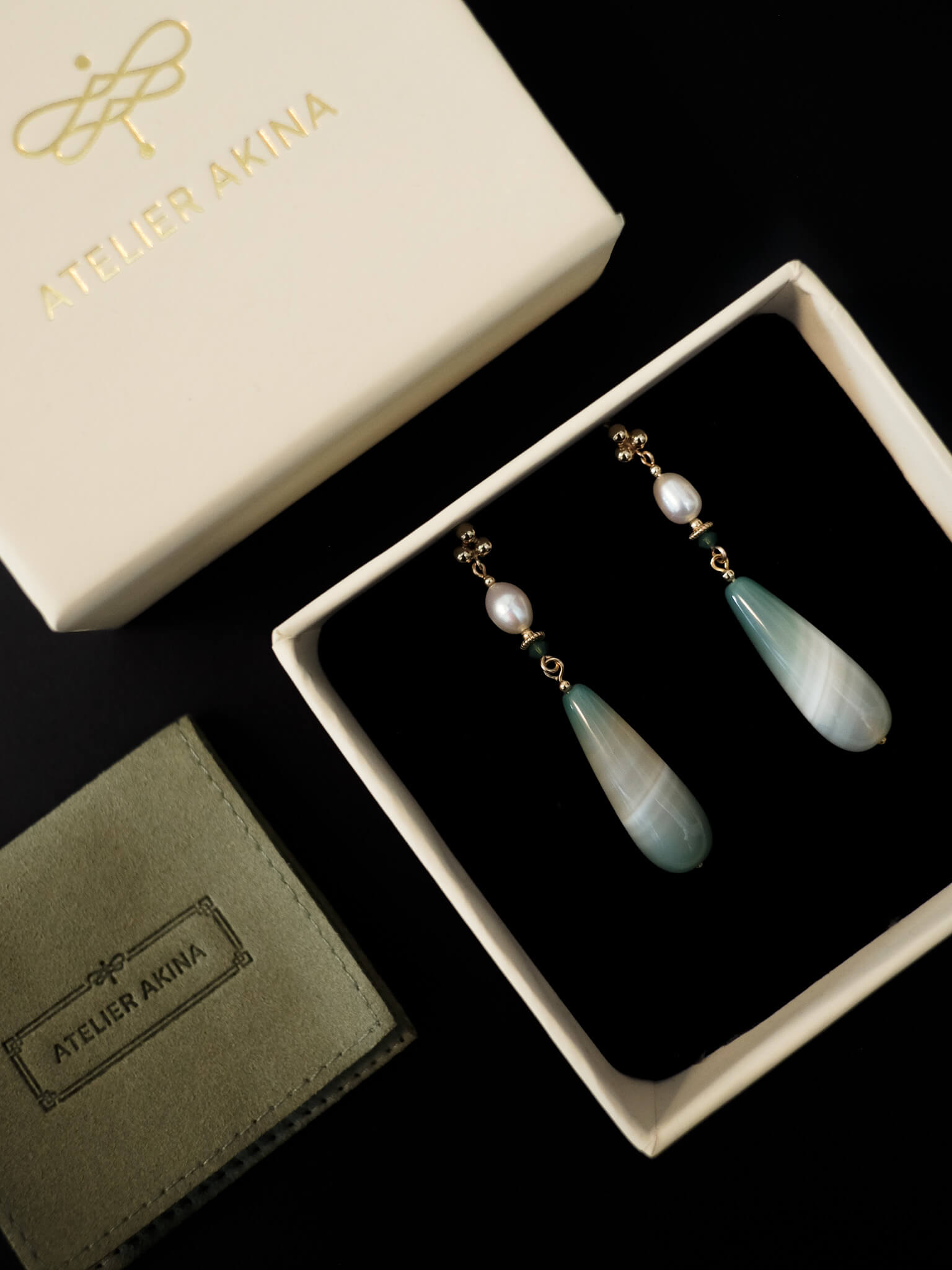 Emerald Striped Stone & Pearl Dangle Earrings