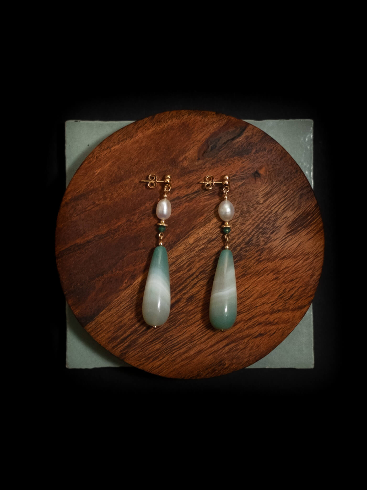 Emerald Striped Stone & Pearl Dangle Earrings