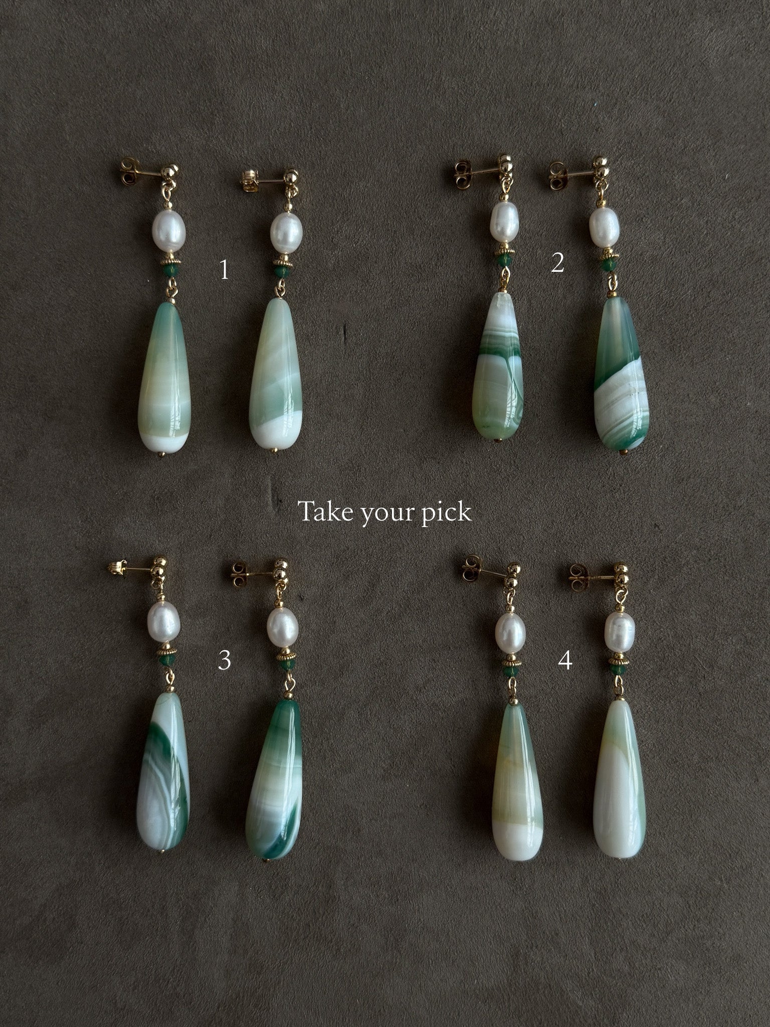 Emerald Striped Stone & Pearl Dangle Earrings