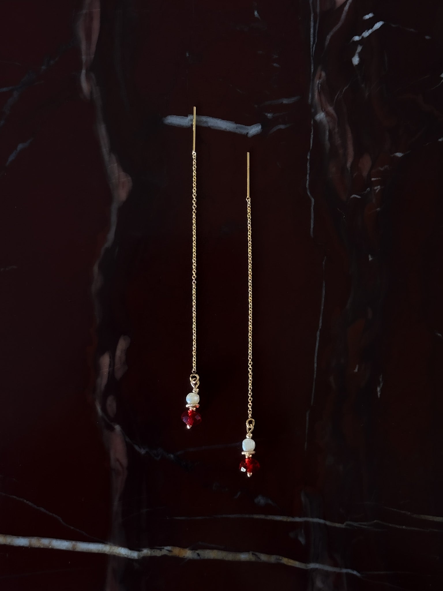 Lunar Red Lantern Pearl Threader Dangle Earrings