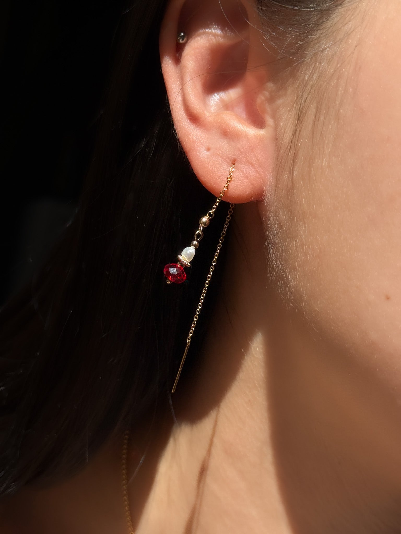 Lunar Red Lantern Pearl Threader Dangle Earrings