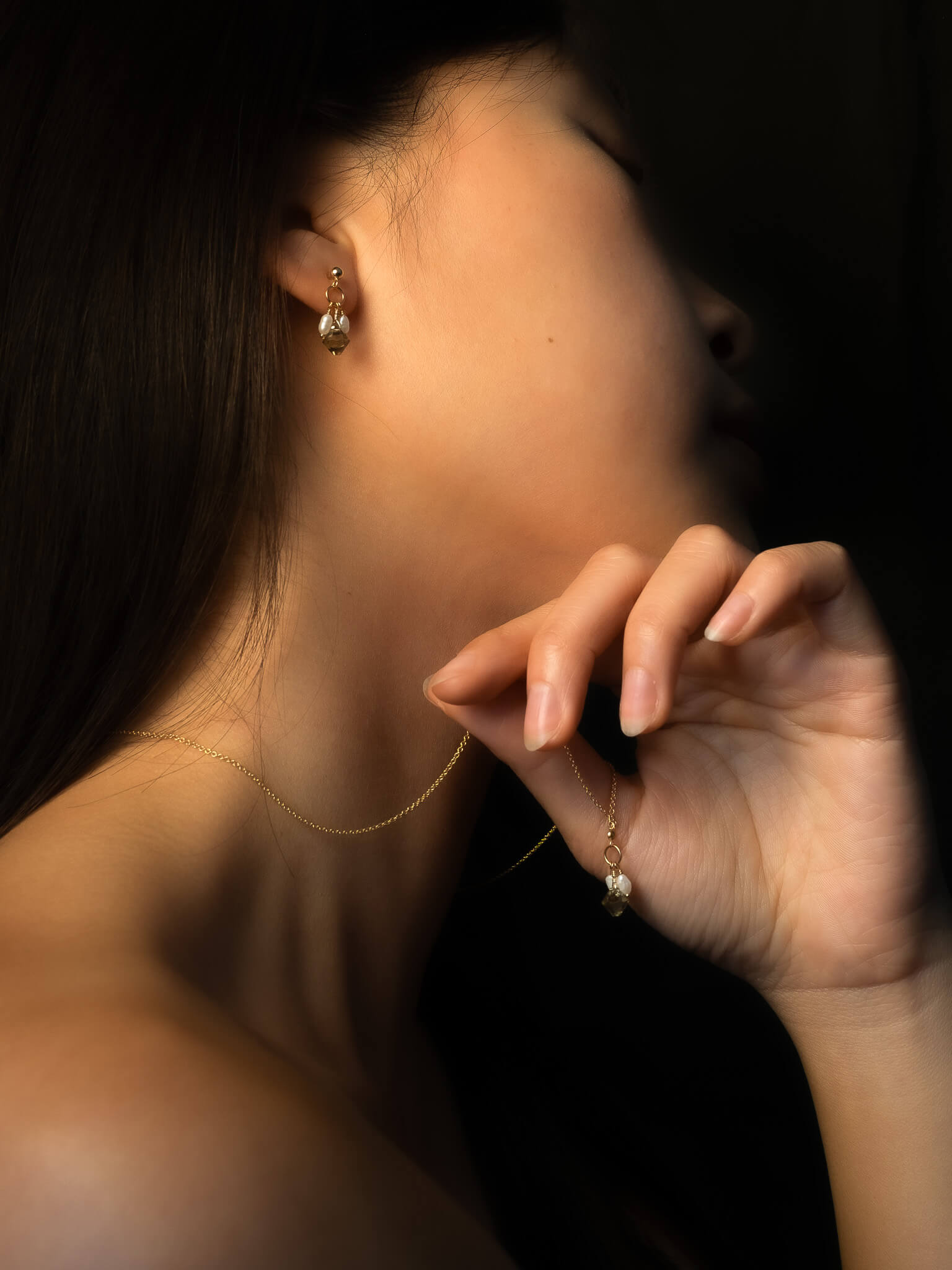 Dainty Olive Crystal & Pearl Drop Earrings