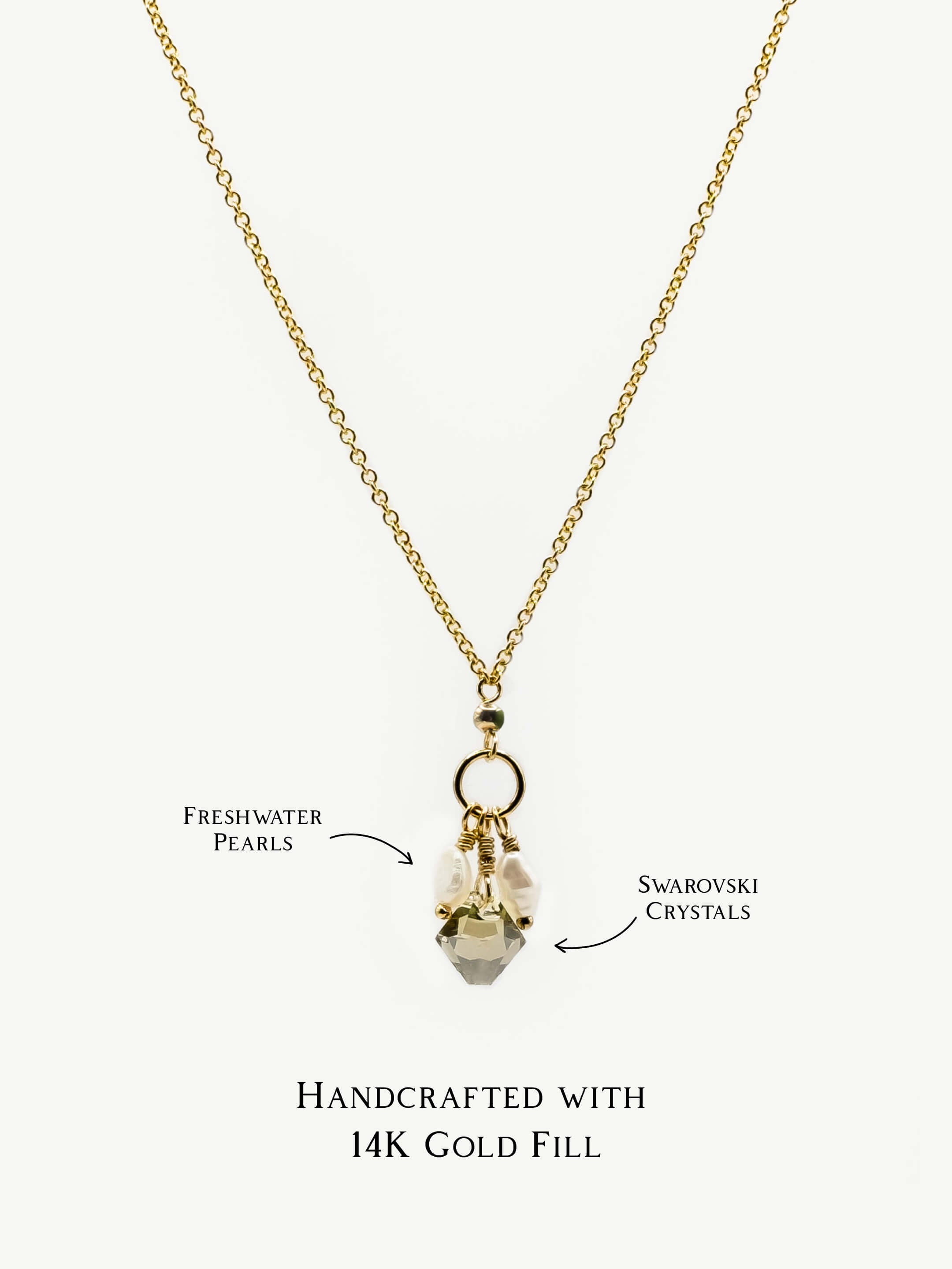 Dainty Olive Crystal & Pearl Pendant Necklace