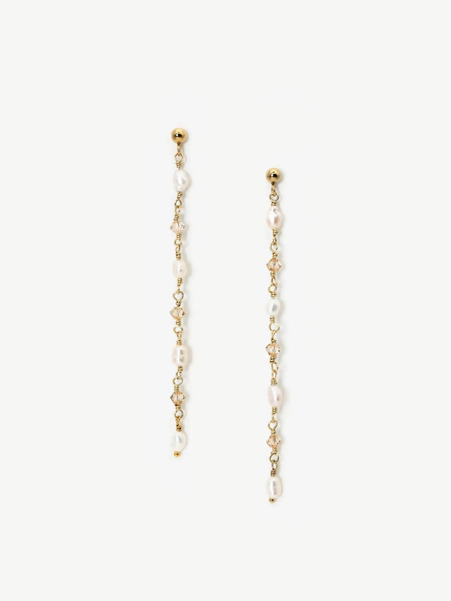 Dainty Rice Pearl & Crystal Dangle Stud Earrings - Atelier Akina