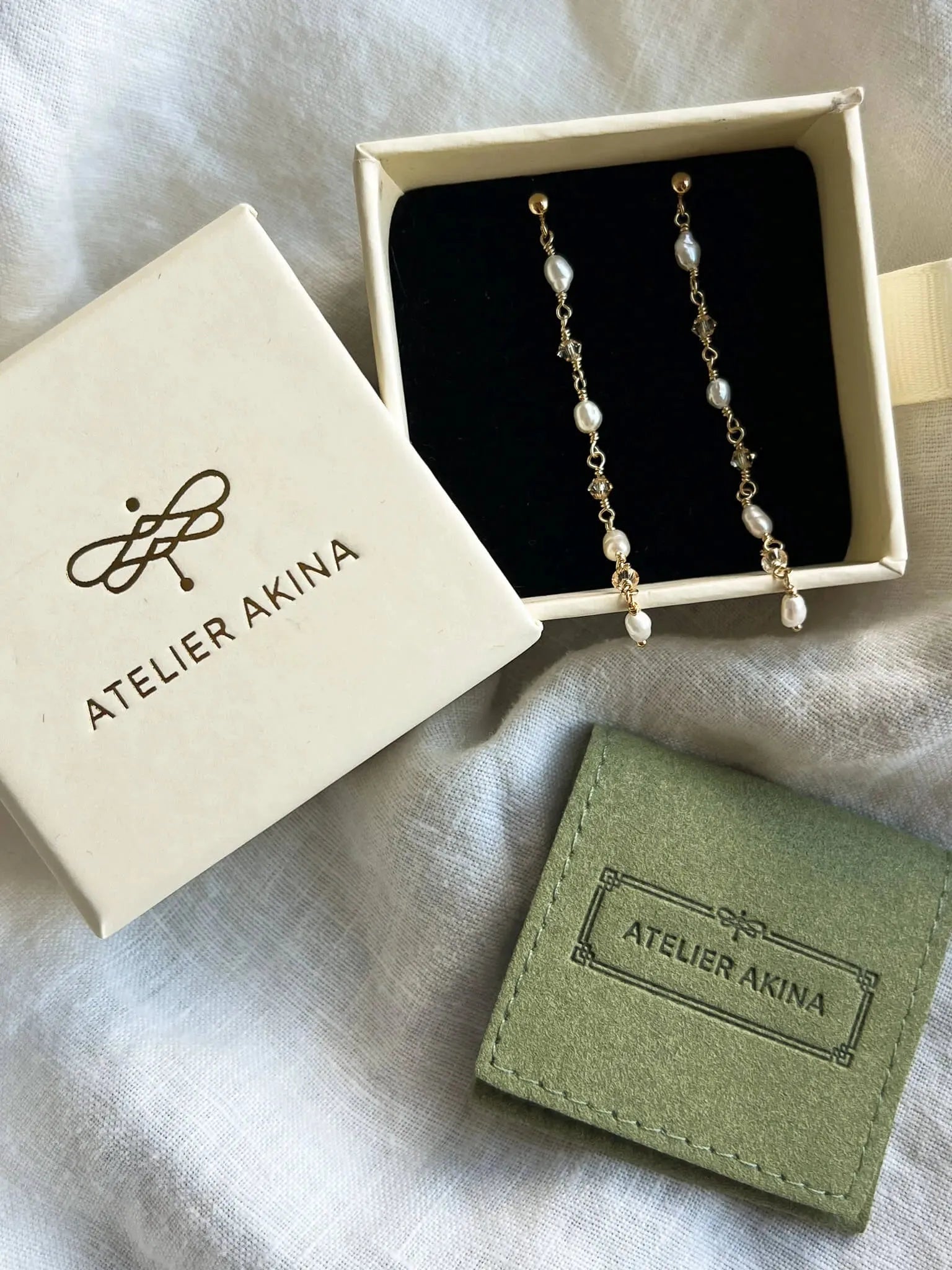 Dainty Rice Pearl & Crystal Dangle Stud Earrings - Atelier Akina