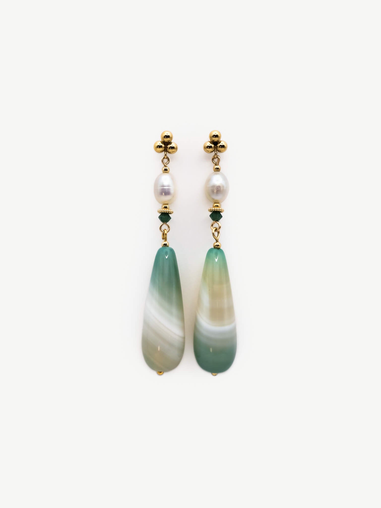 Emerald Striped Stone & Pearl Dangle Earrings