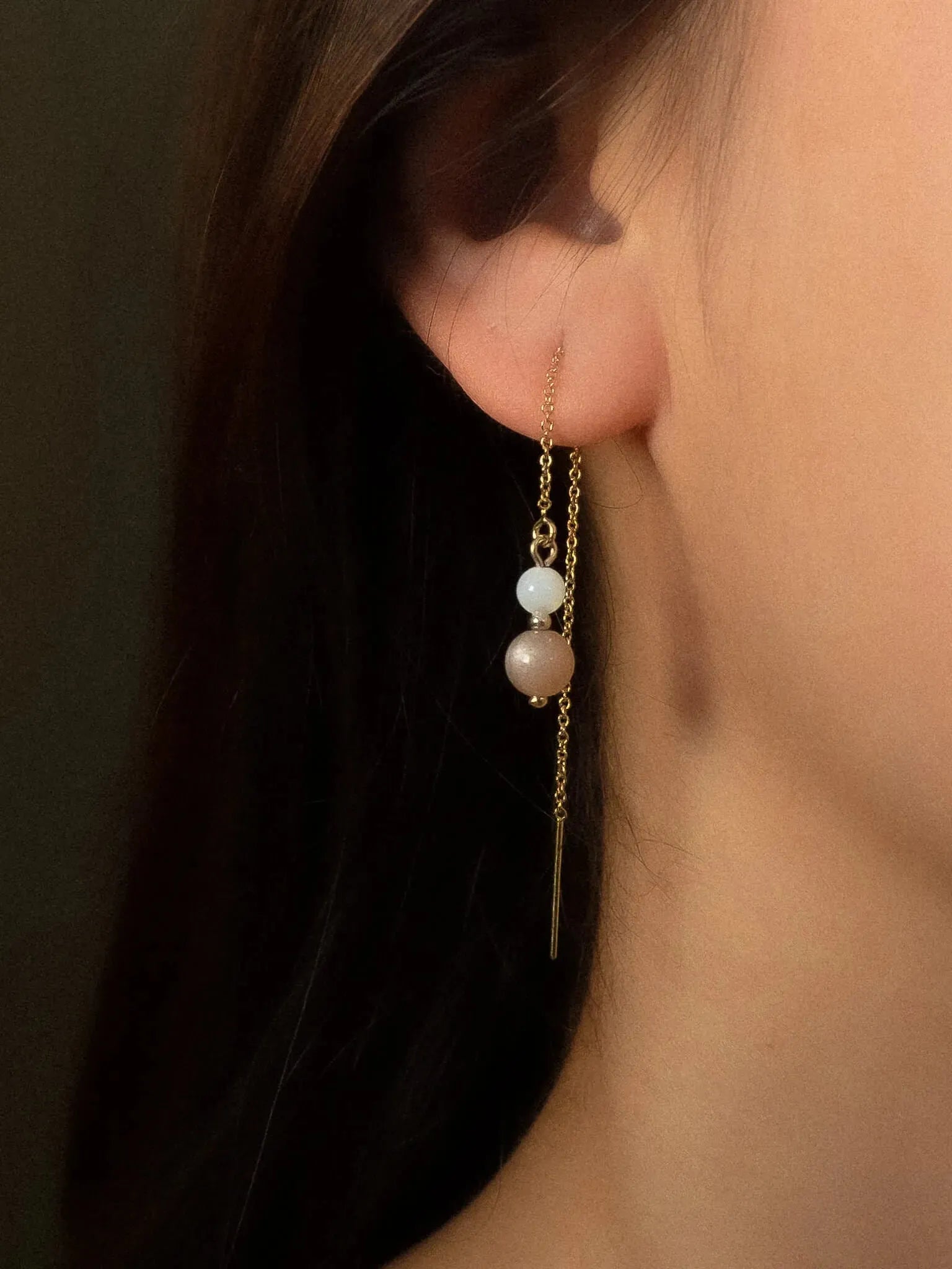 Florissant Red Moonstone & Pearl Threader Earrings - Atelier Akina