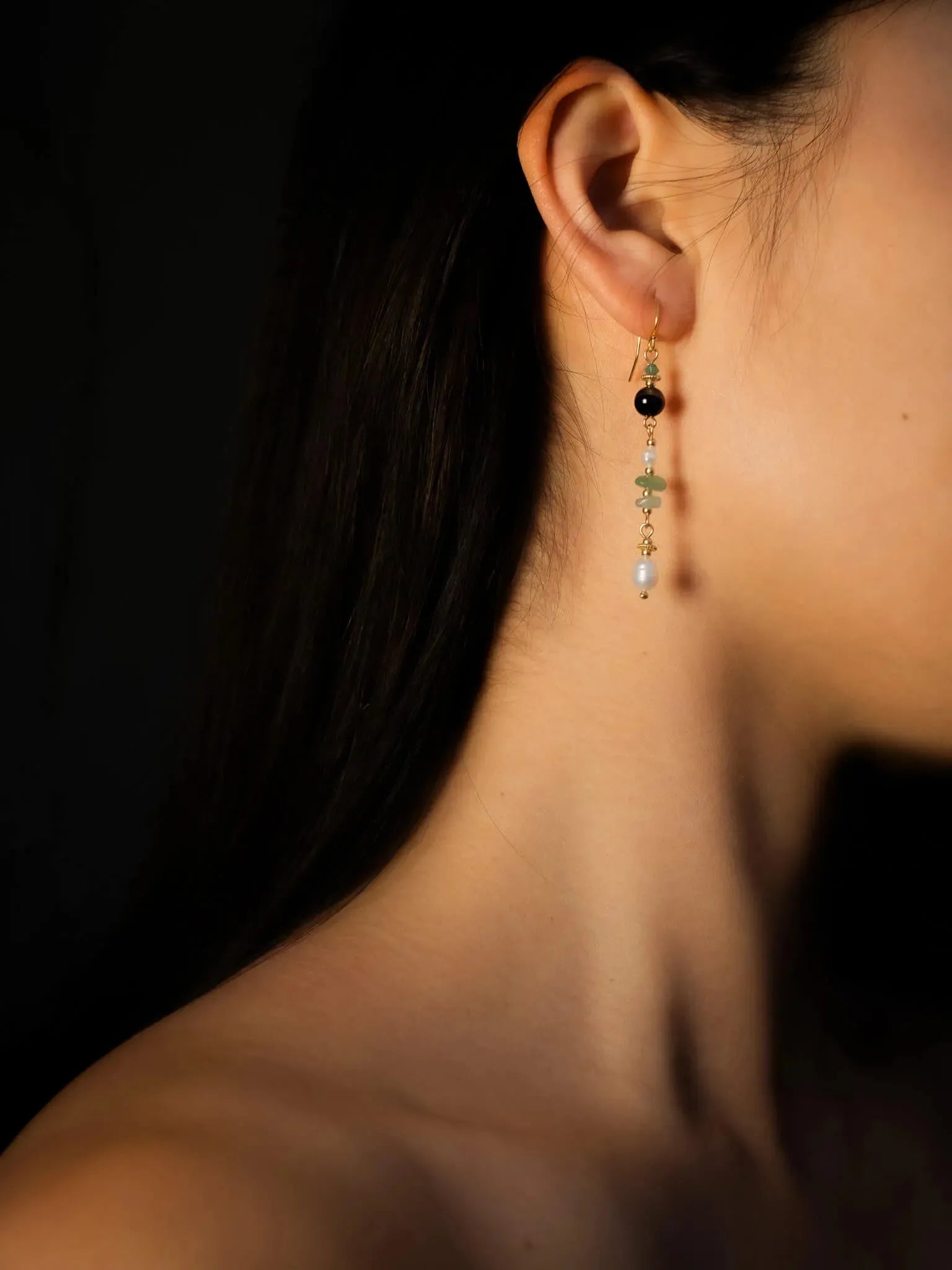 Forest Green Stone & Pearl Dangle Earrings - Atelier Akina