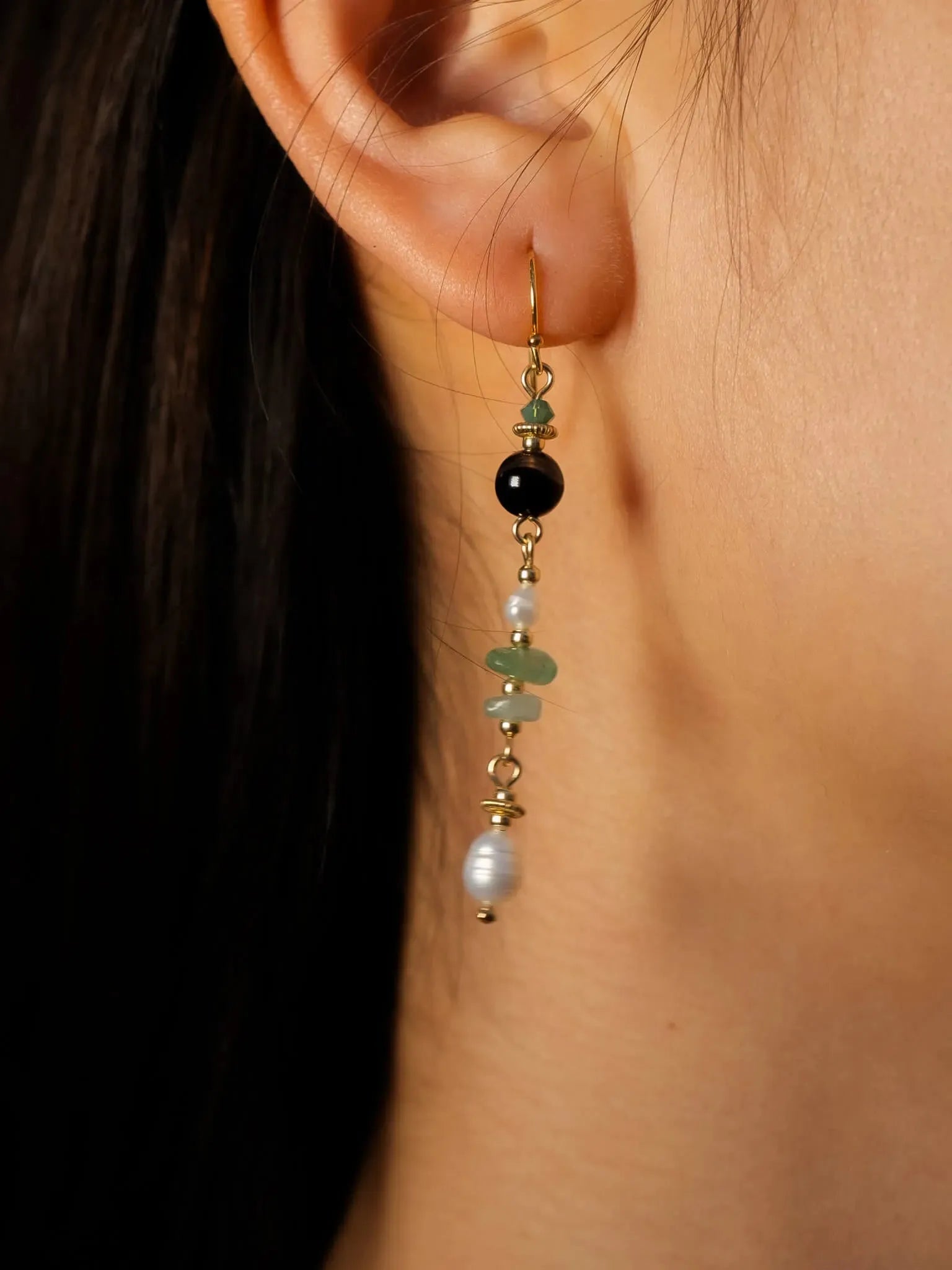 Forest Green Stone & Pearl Dangle Earrings - Atelier Akina