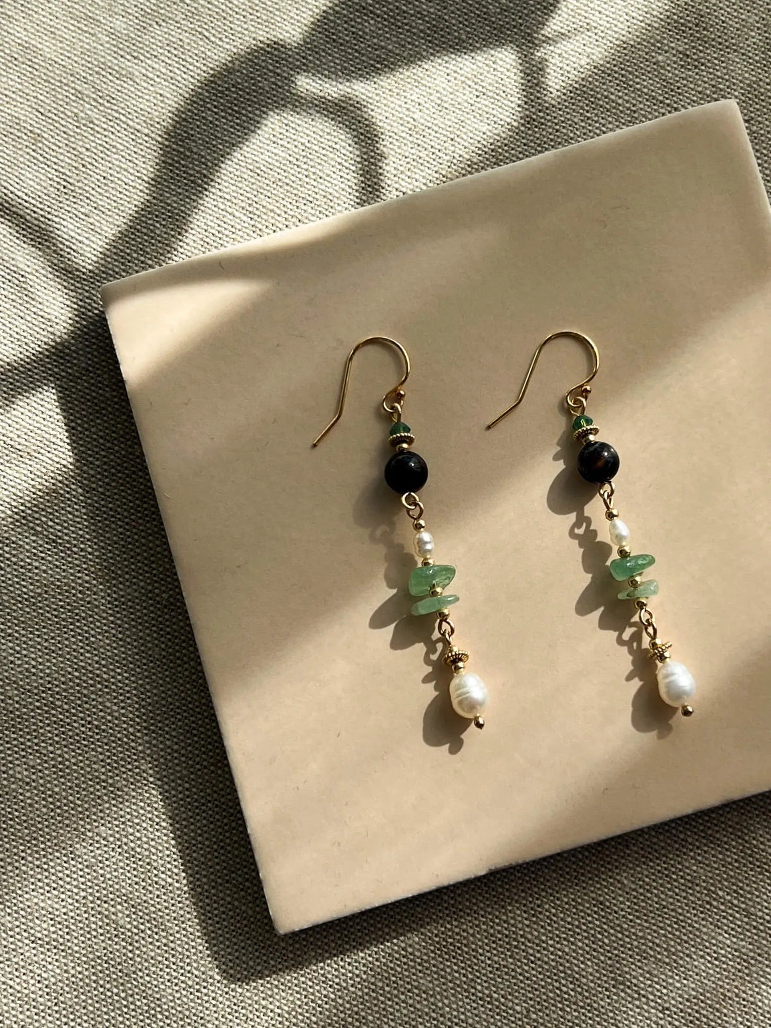 Forest Green Stone & Pearl Dangle Earrings - Atelier Akina