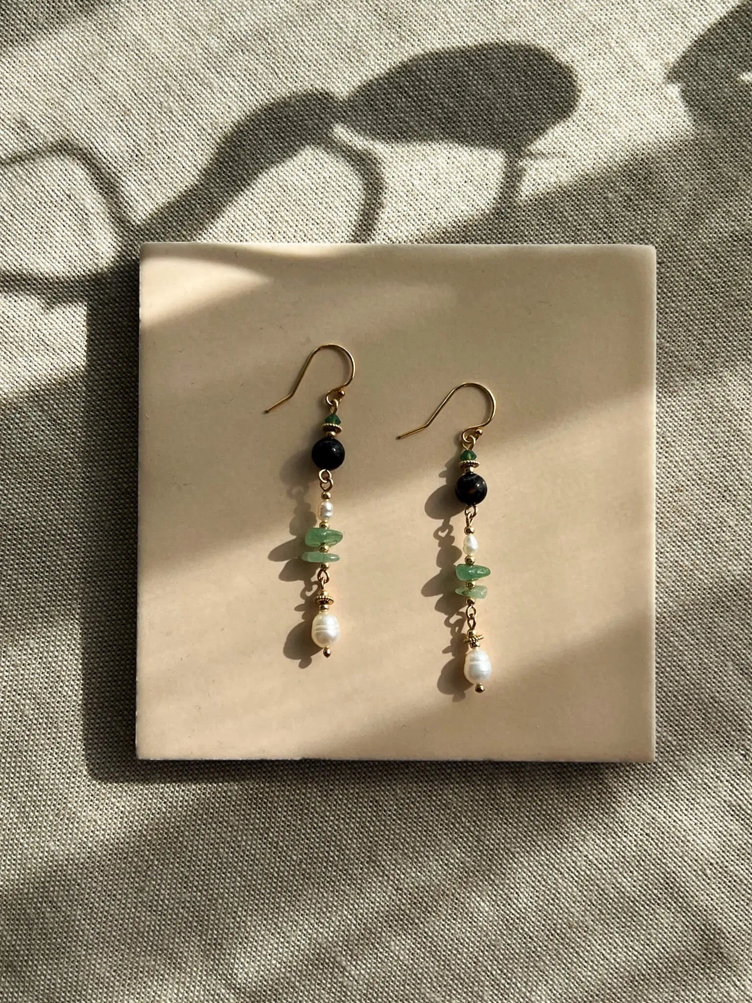 Forest Green Stone & Pearl Dangle Earrings - Atelier Akina