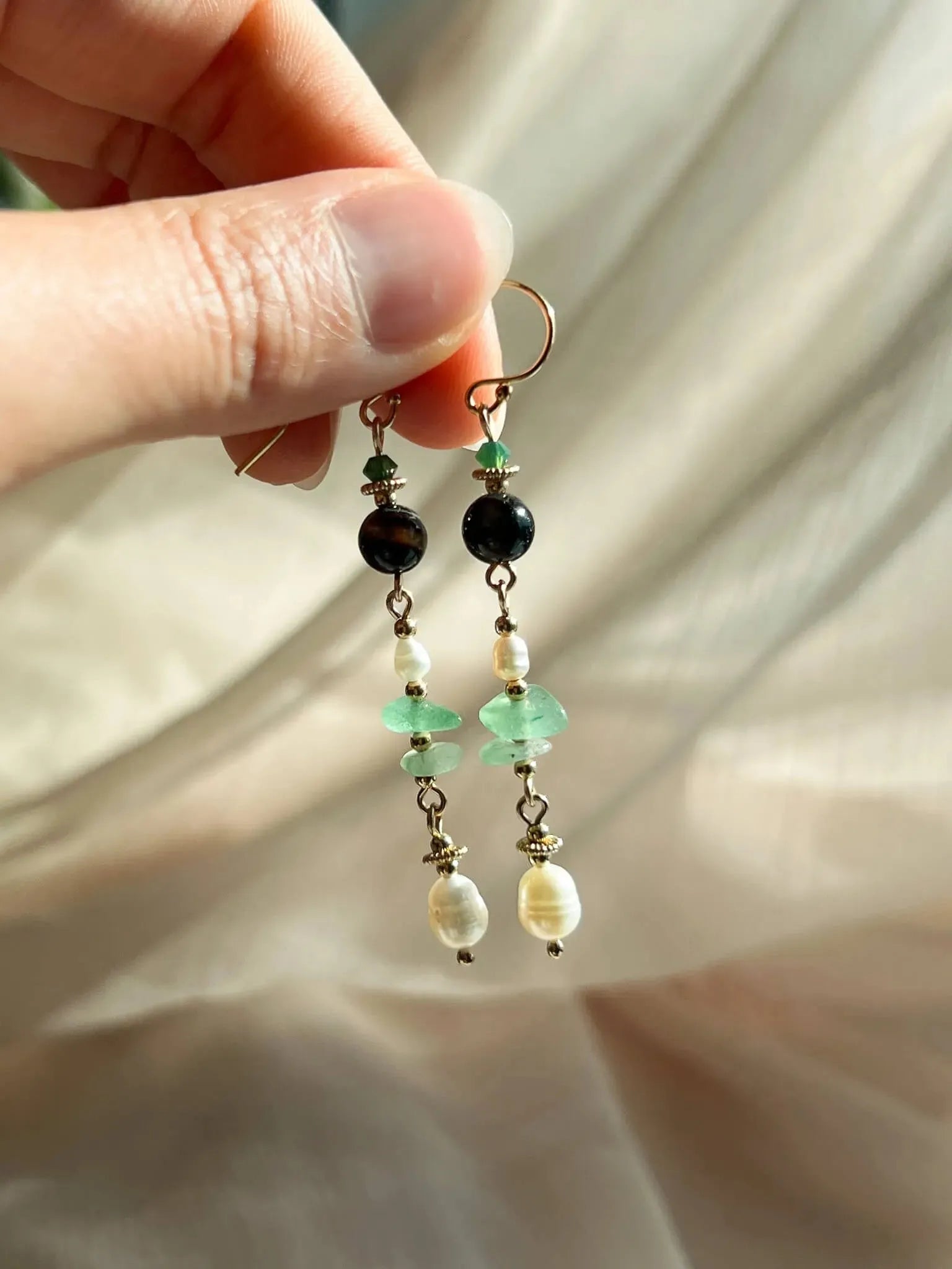 Forest Green Stone & Pearl Dangle Earrings - Atelier Akina