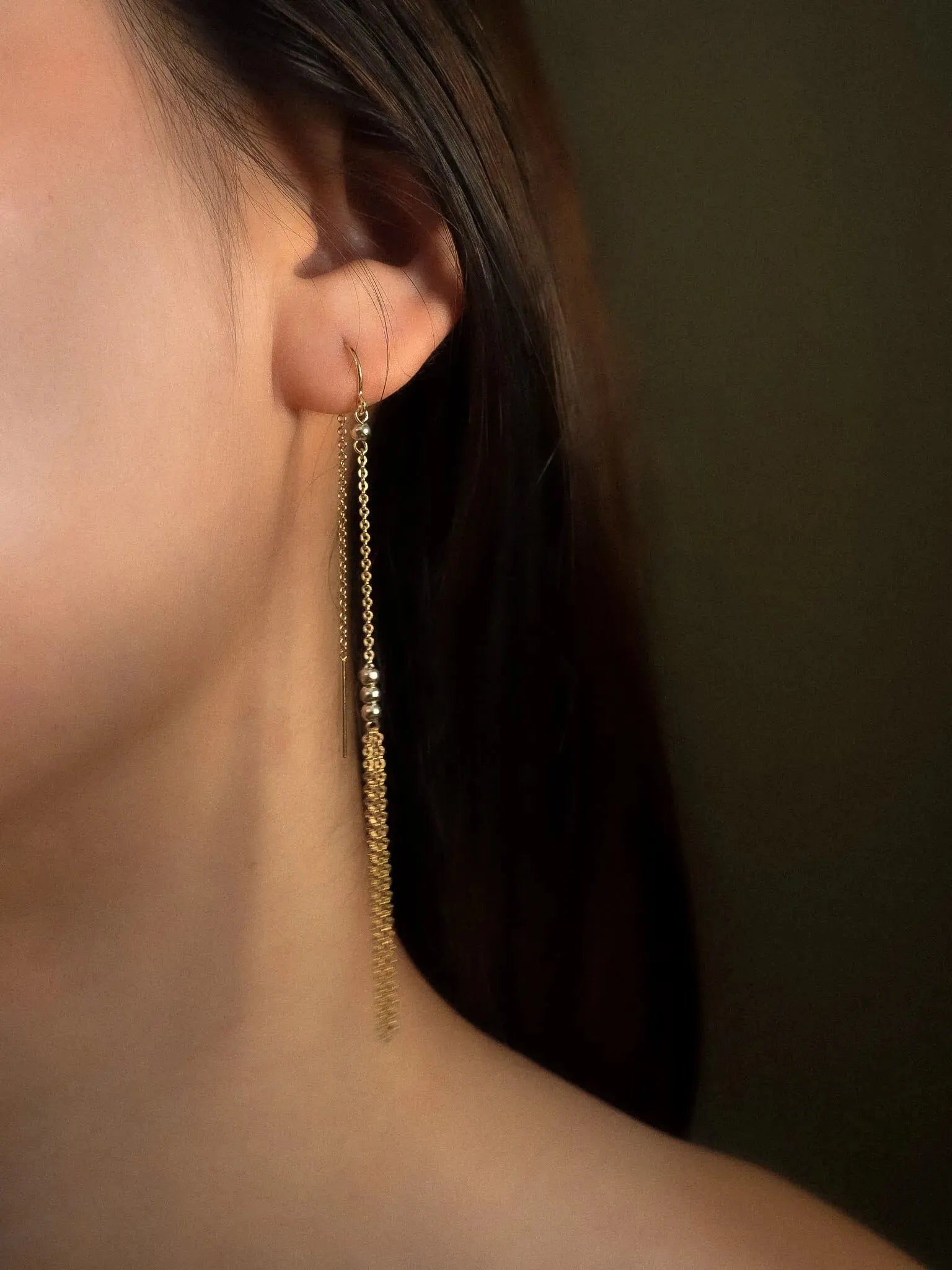 Gold Bead & Chain Tassel U-Threader Earrings - Atelier Akina