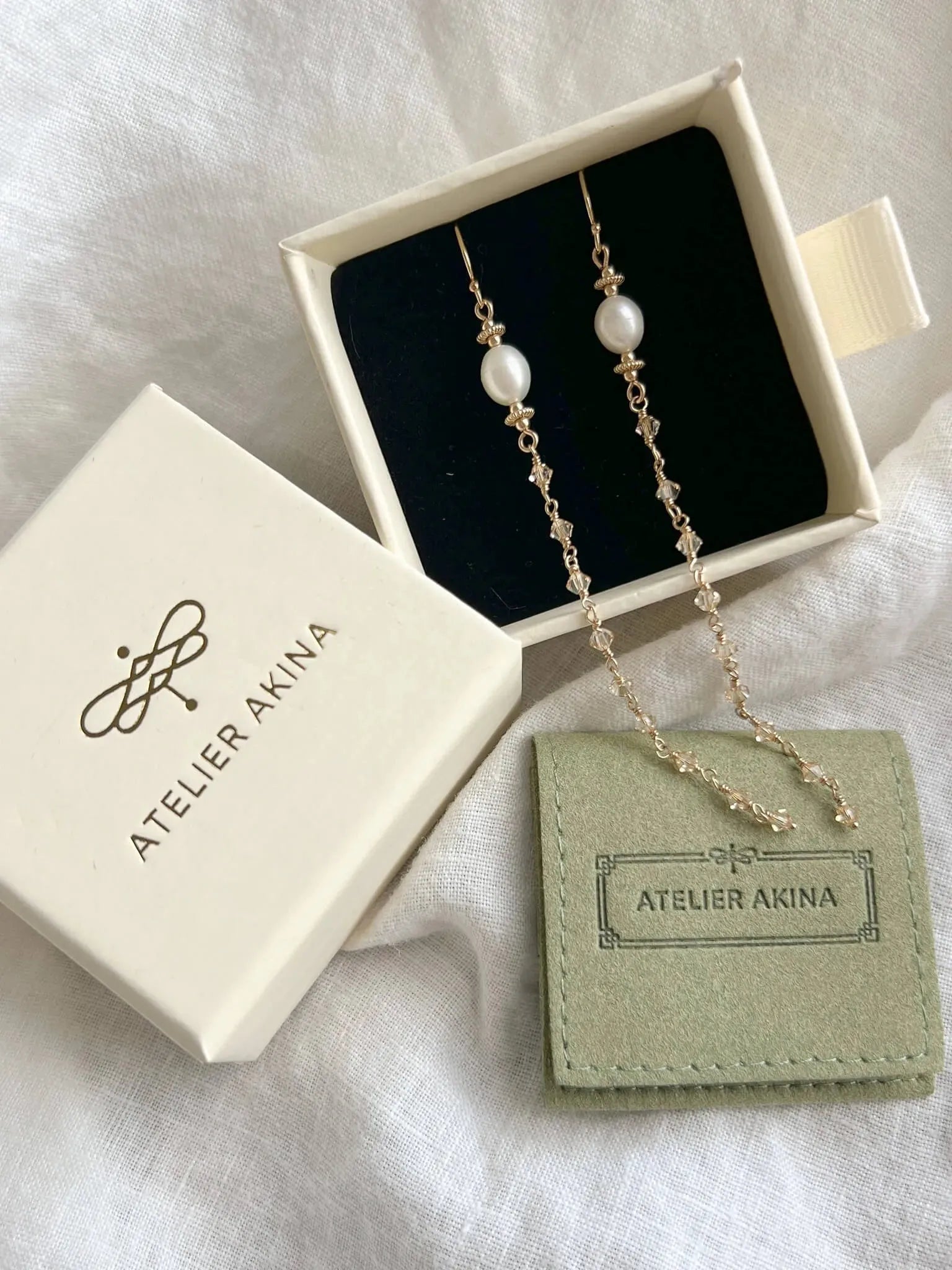 Golden Pearl & Crystal Cascade Dangle Earrings - Atelier Akina