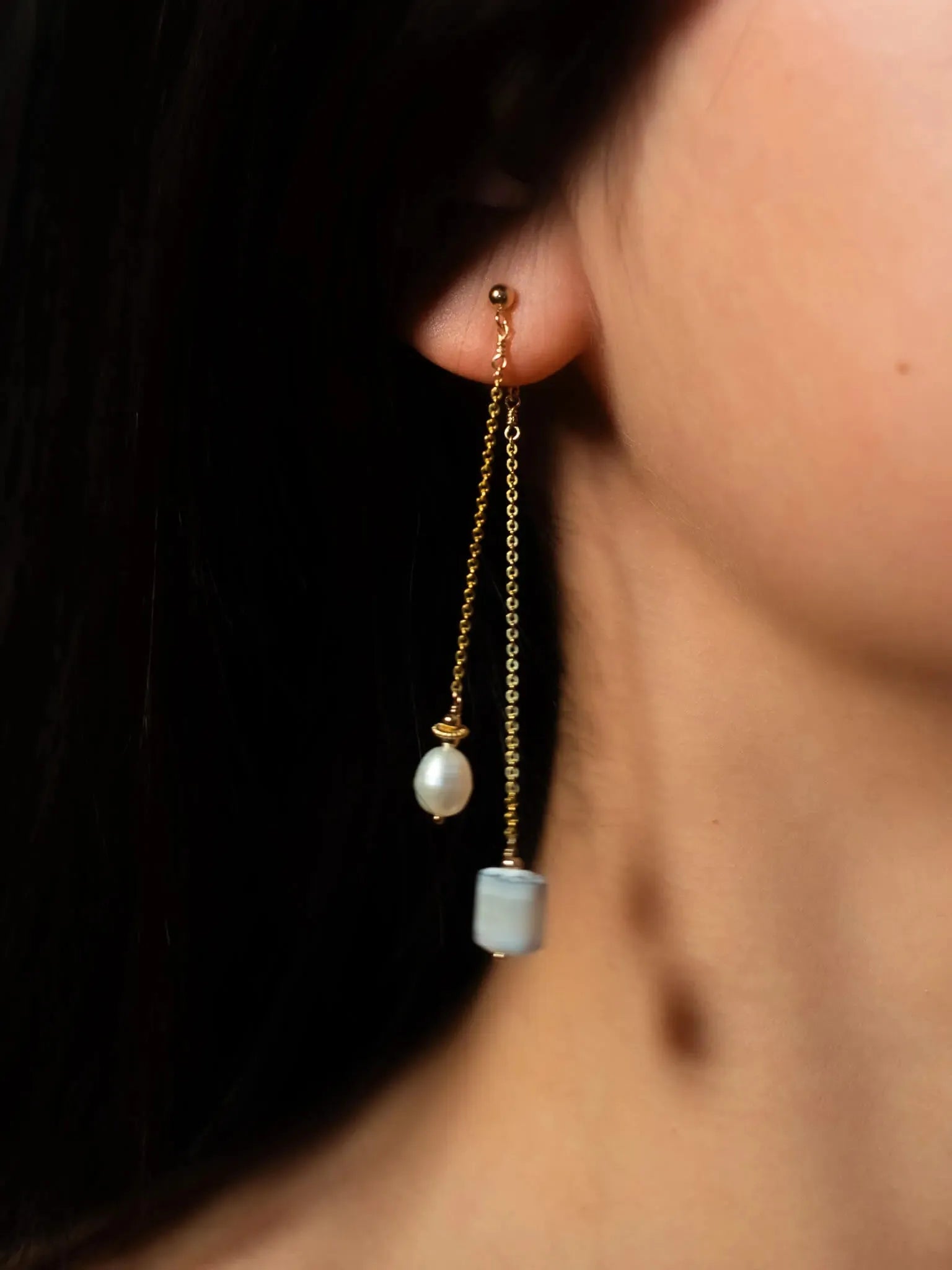 Golden Pearl & Blue Opal Dangle Earrings - Atelier Akina