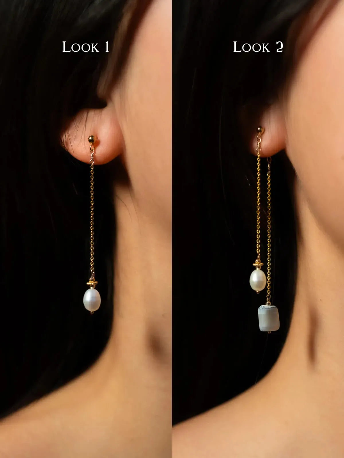 Golden Pearl & Blue Opal Dangle Earrings - Atelier Akina