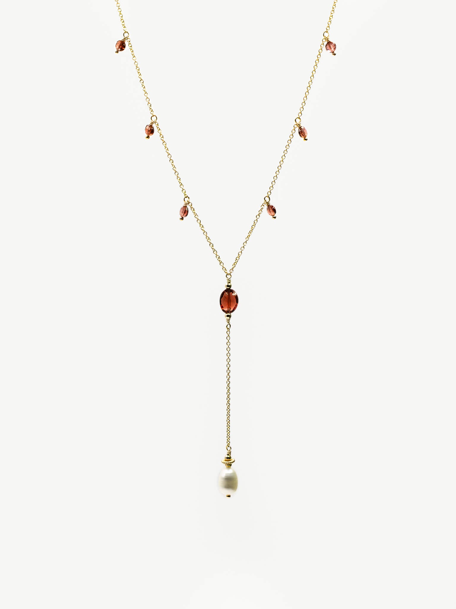 Golden Pearl & Garnet Drop Necklace