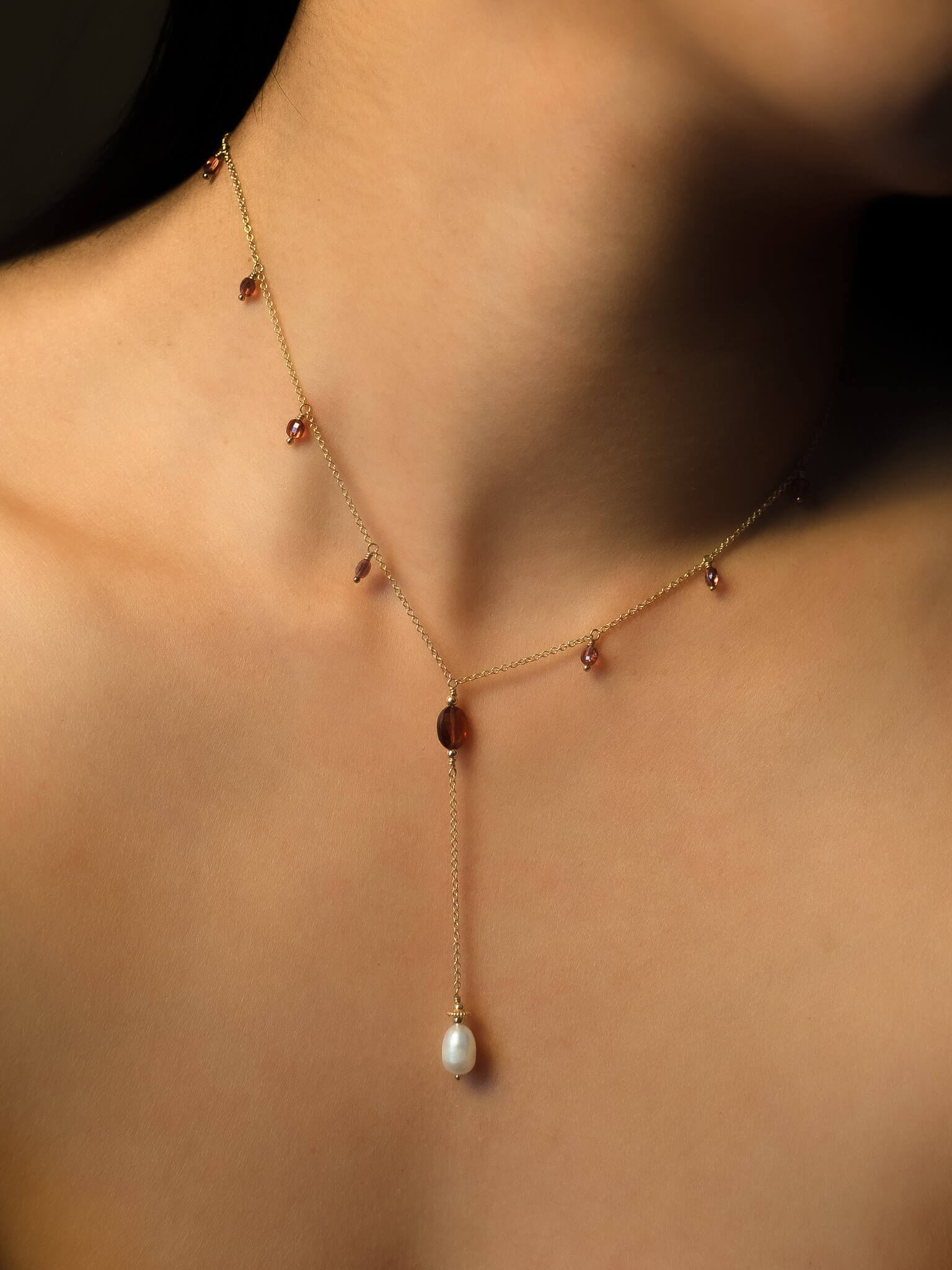 Golden Pearl & Garnet Drop Necklace