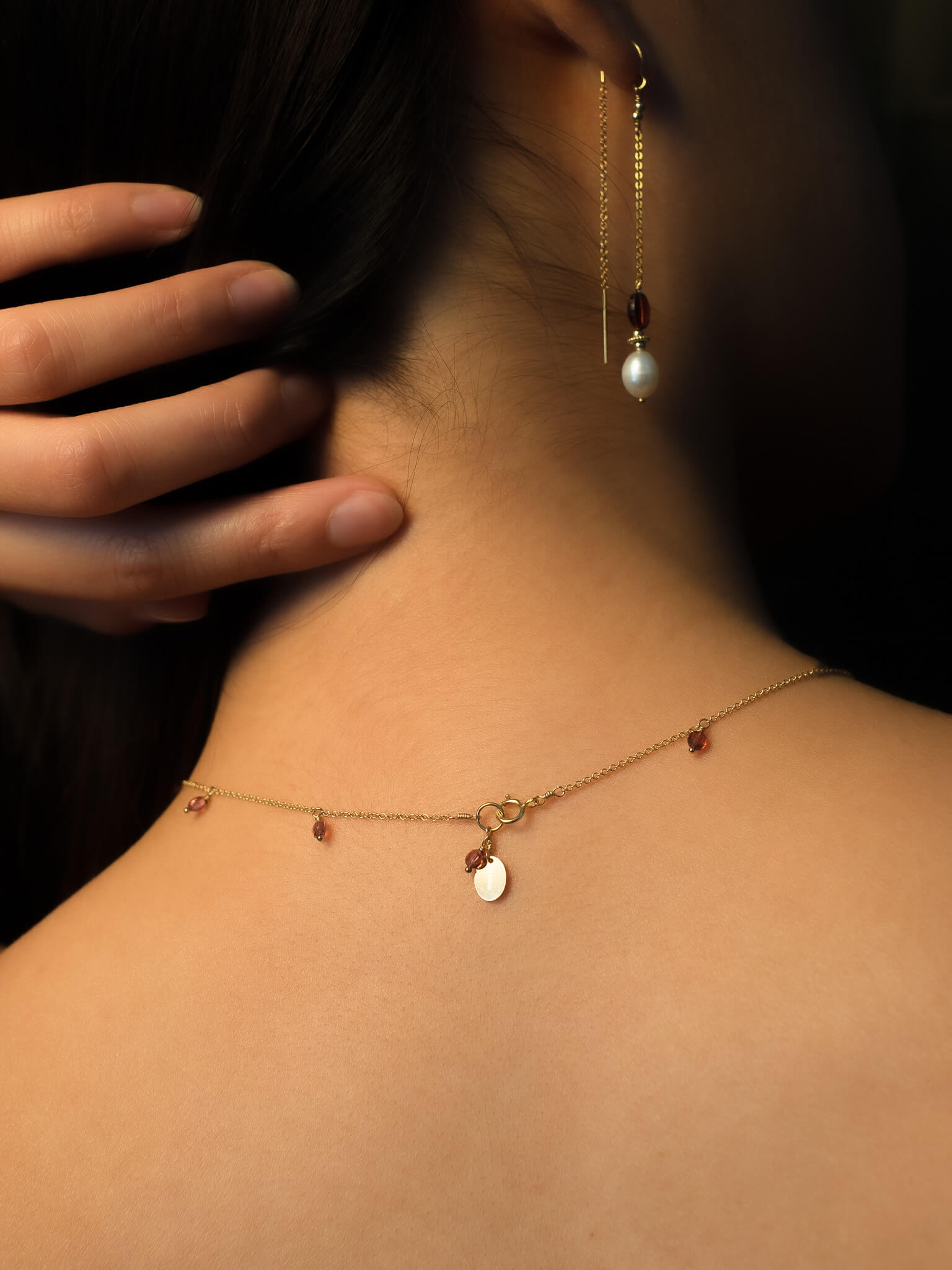 Golden Pearl & Garnet Drop Necklace