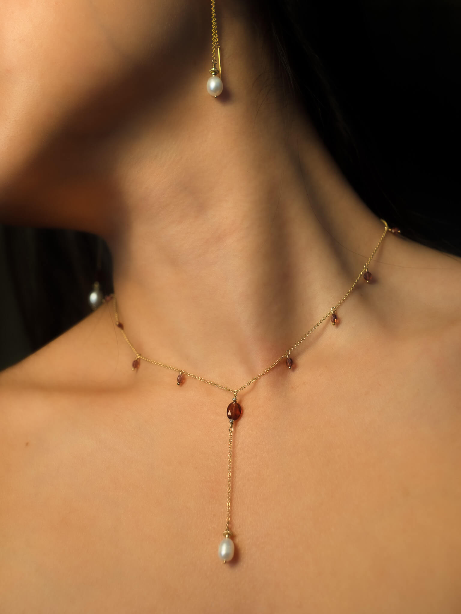 Golden Pearl & Garnet Drop Necklace