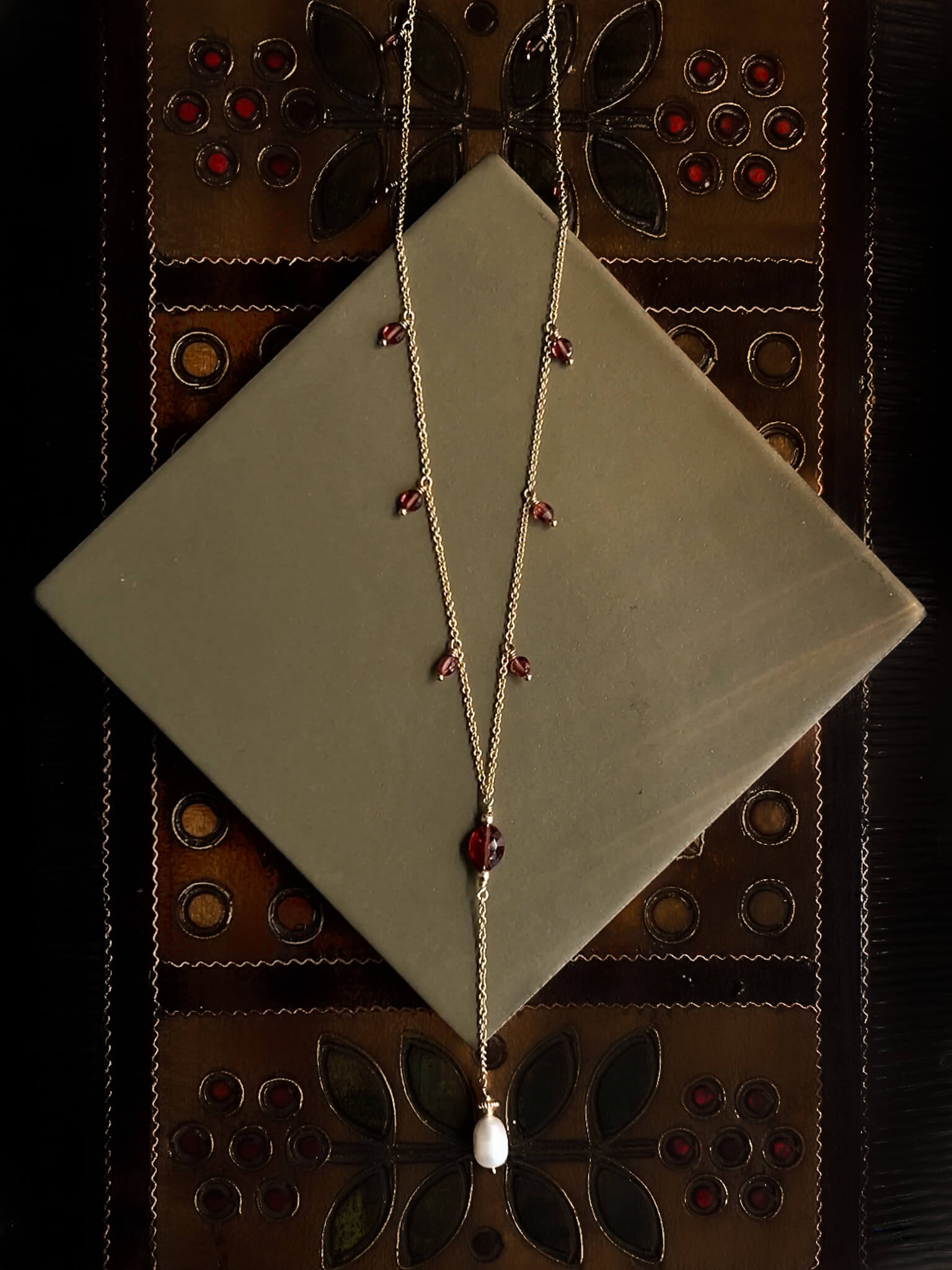 Golden Pearl & Garnet Drop Necklace