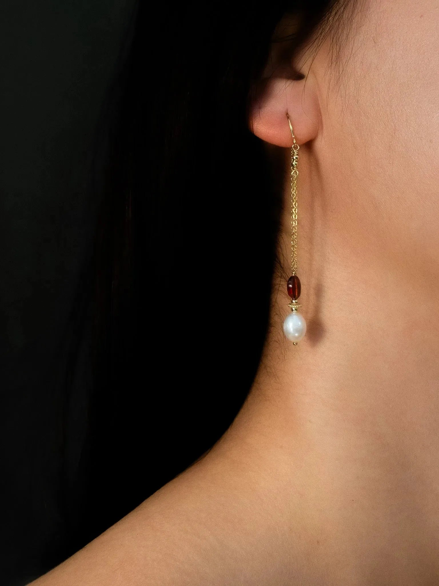 Golden Pearl & Garnet U-Threader Earrings - Atelier Akina