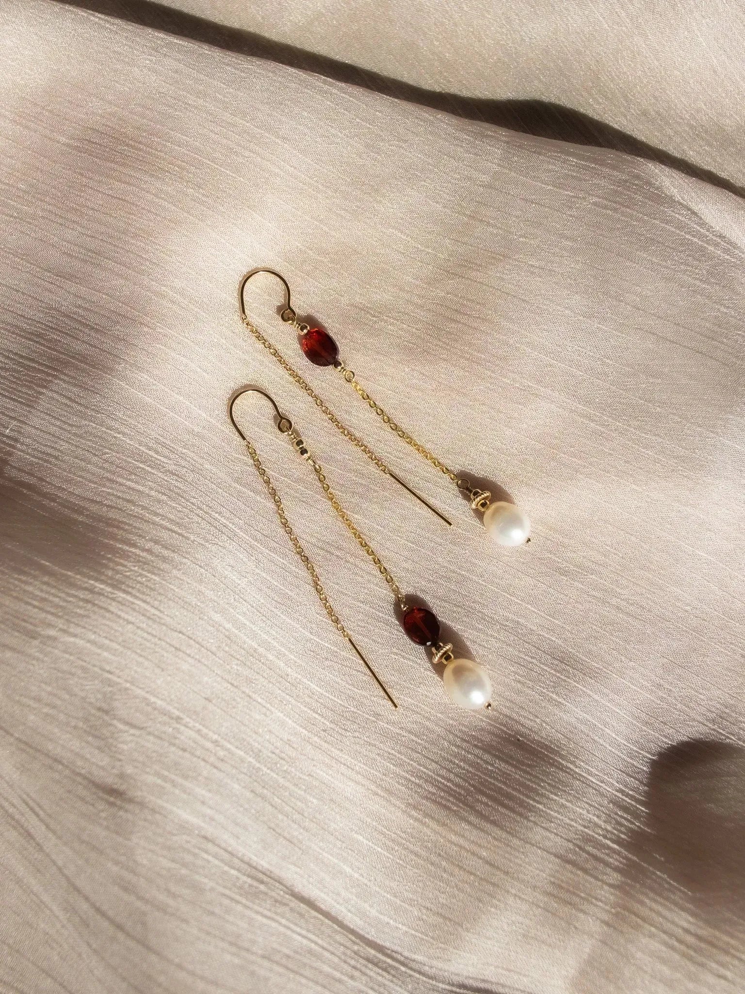 Golden Pearl & Garnet U-Threader Earrings - Atelier Akina