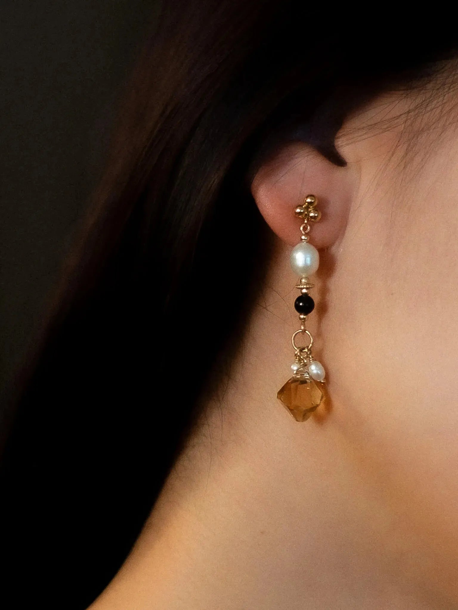 Golden Pearl & Topaz Crystal Dangle Earrings - Atelier Akina