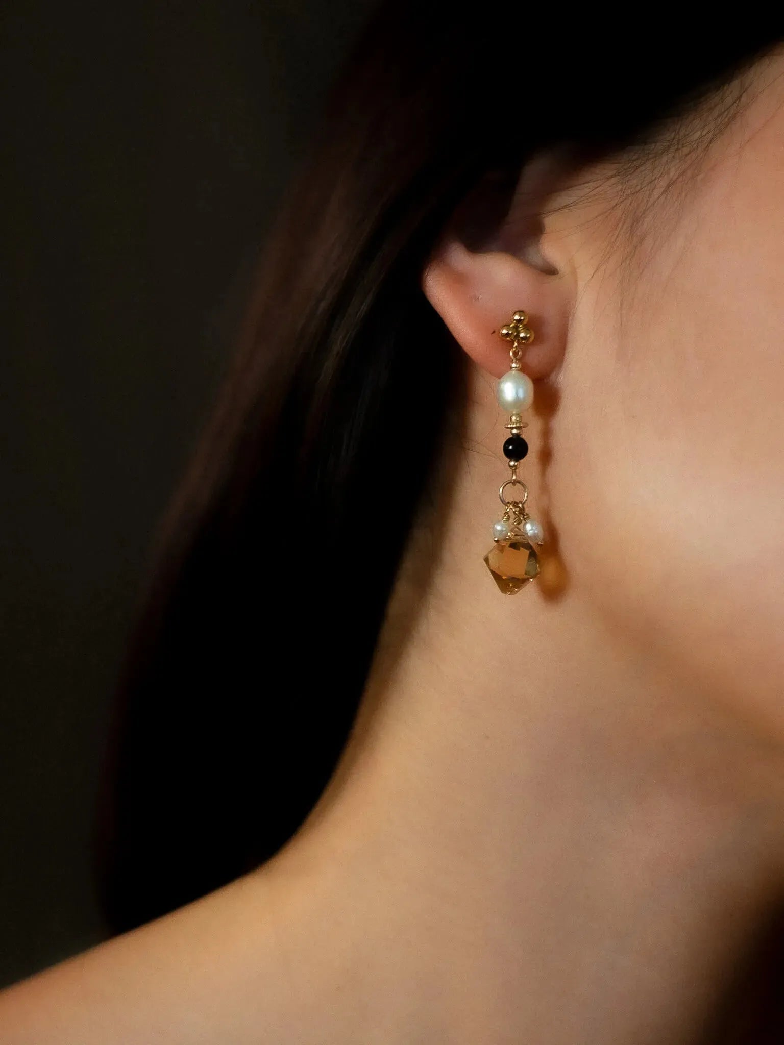 Golden Pearl & Topaz Crystal Dangle Earrings - Atelier Akina