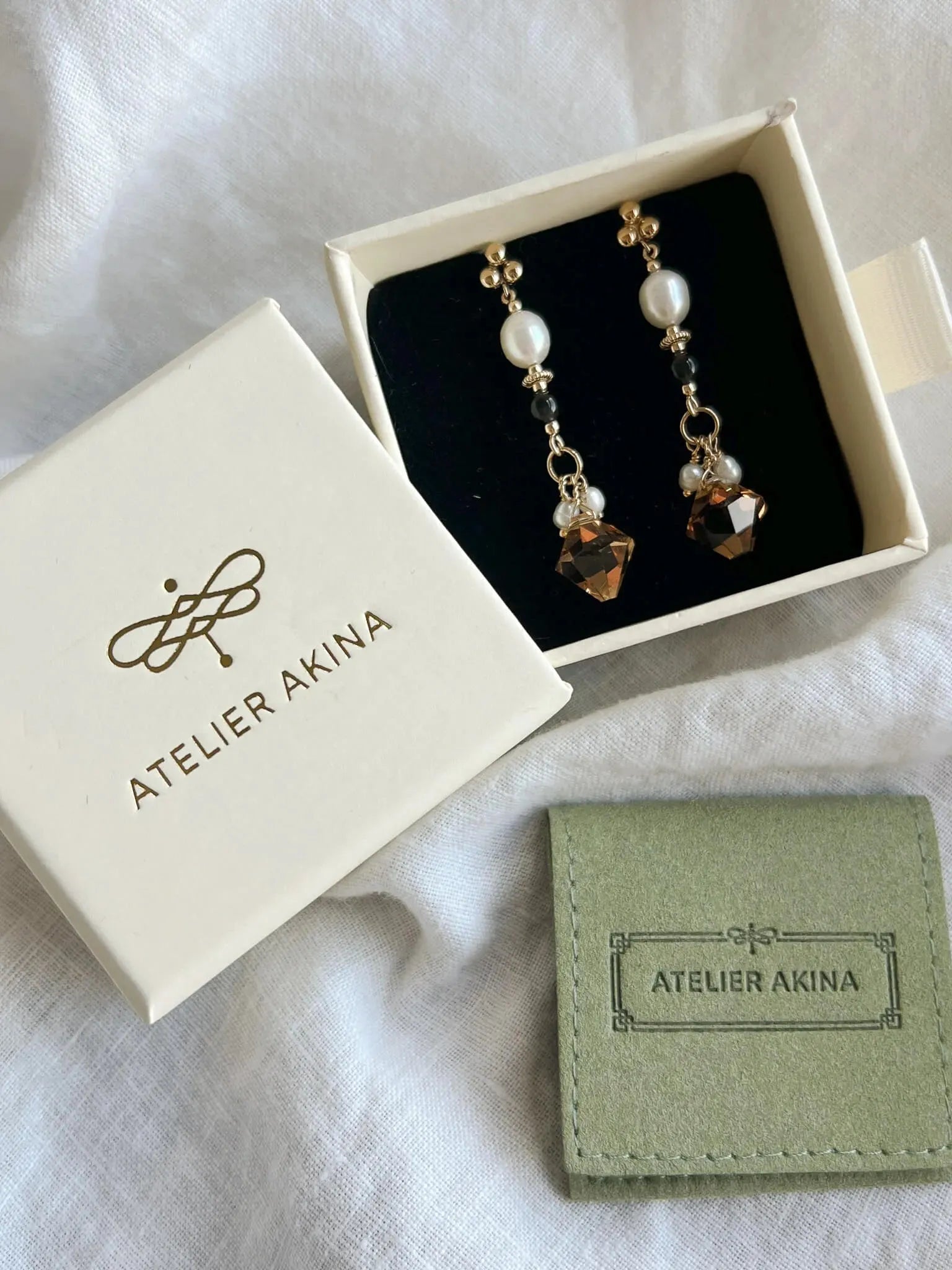 Golden Pearl & Topaz Crystal Dangle Earrings - Atelier Akina