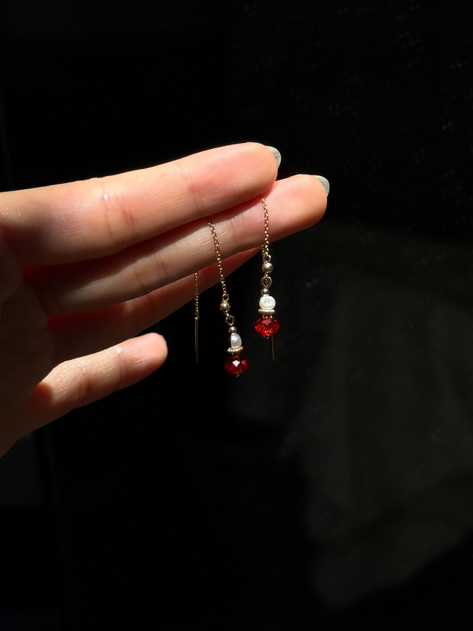 Lunar Red Lantern Pearl Threader Dangle Earrings