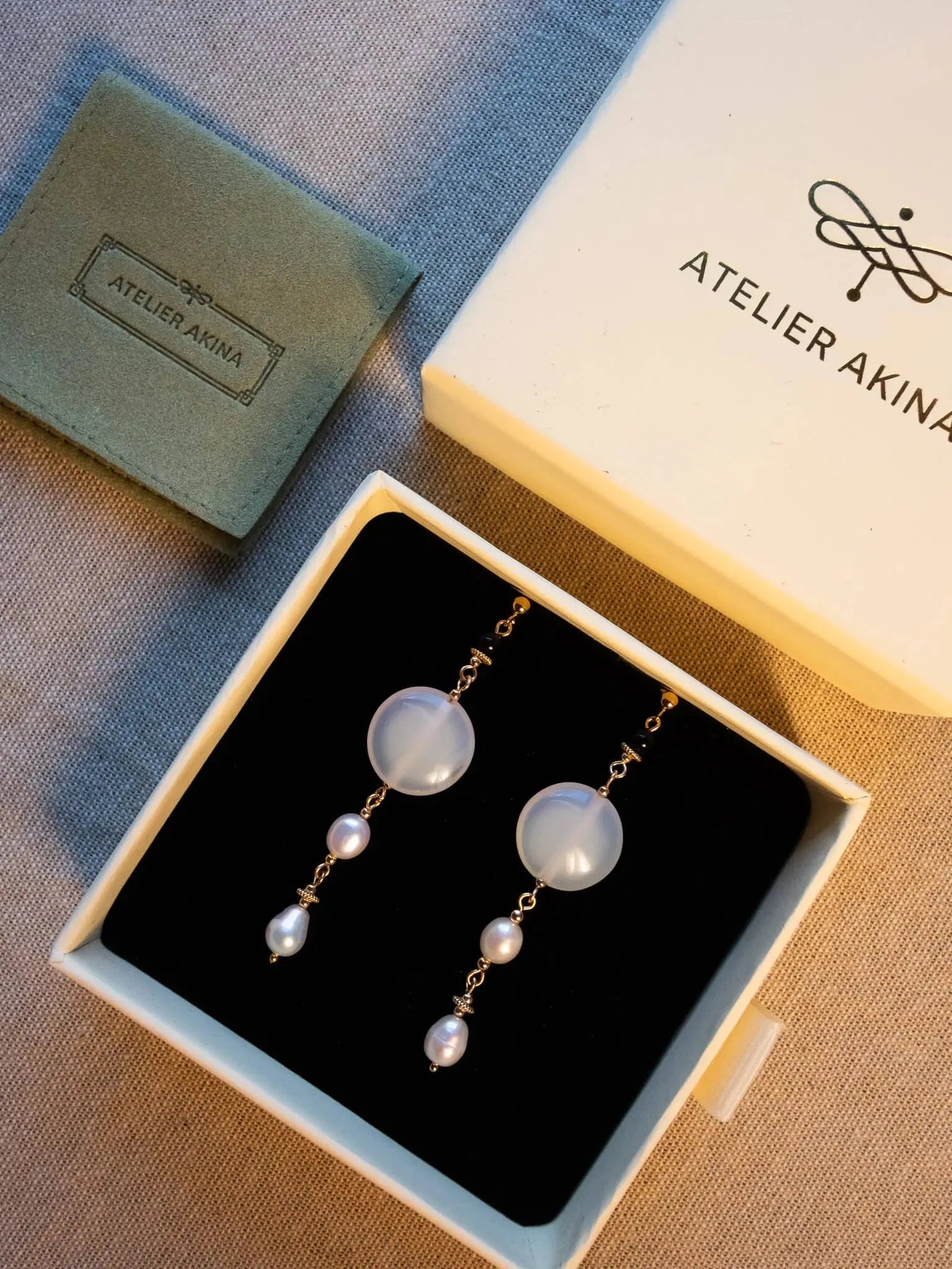 Milky Stone & Pearl Duo Dangle Earrings - Atelier Akina