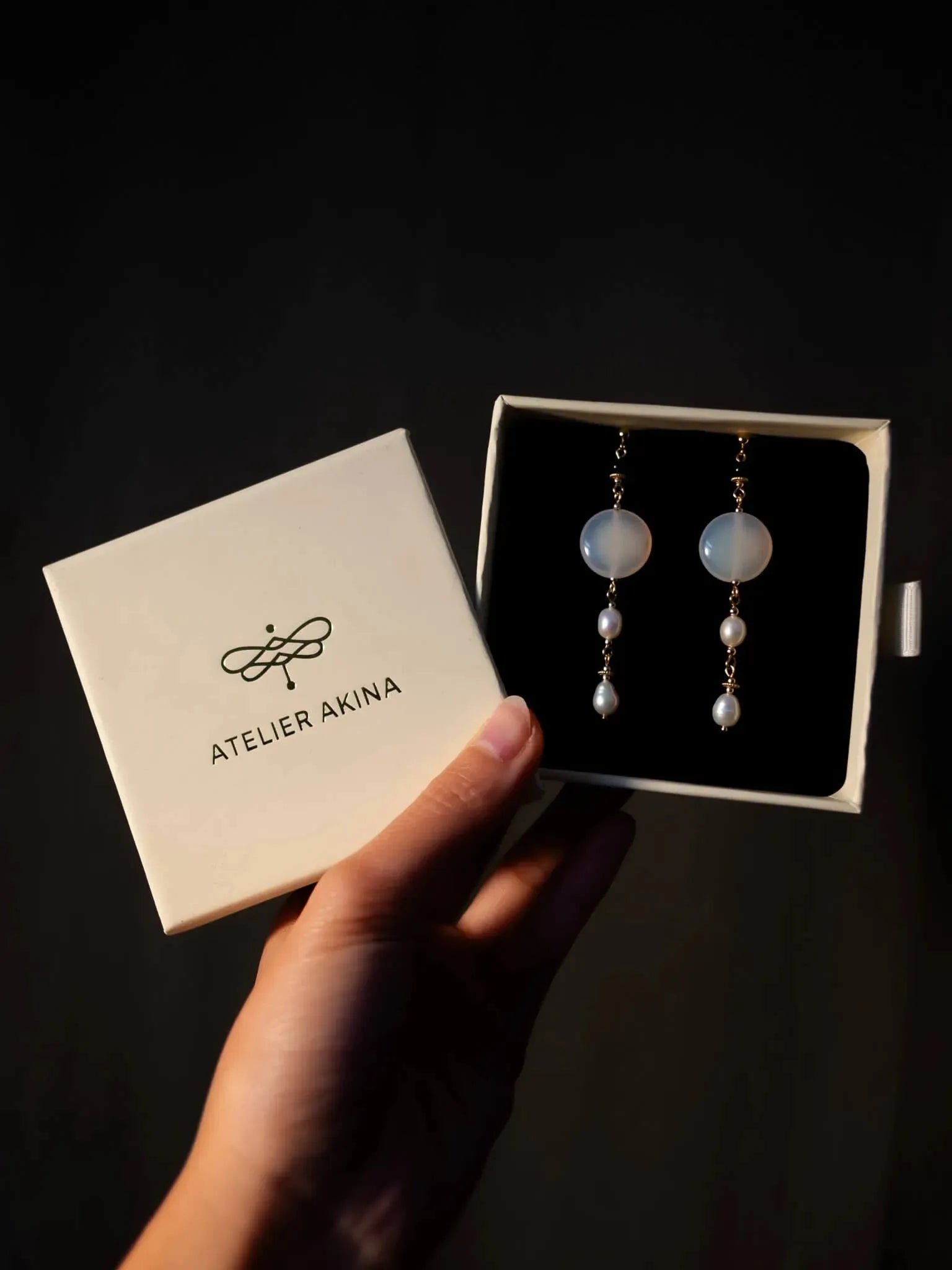 Milky Stone & Pearl Duo Dangle Earrings - Atelier Akina