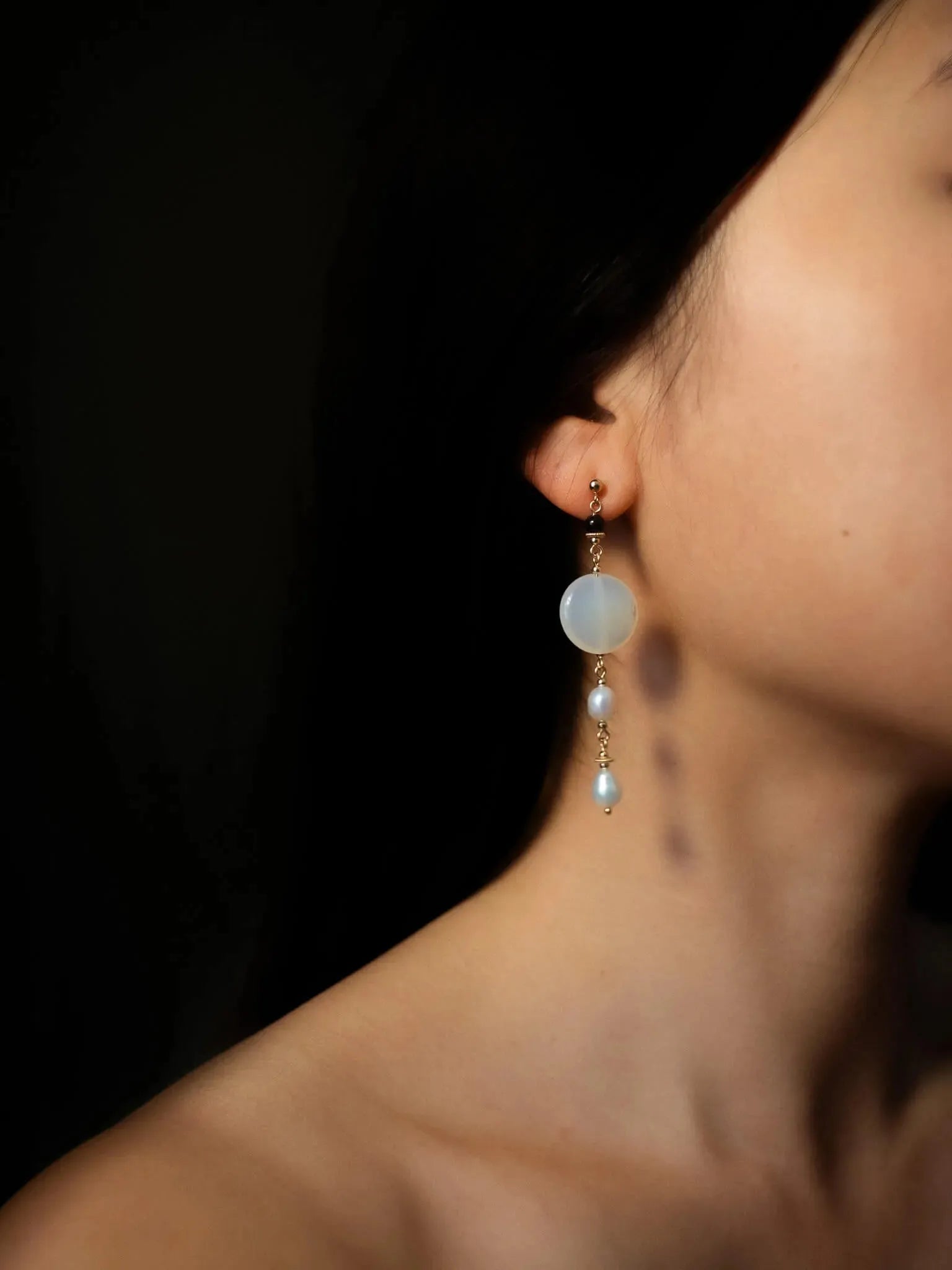 Milky Stone & Pearl Duo Dangle Earrings - Atelier Akina