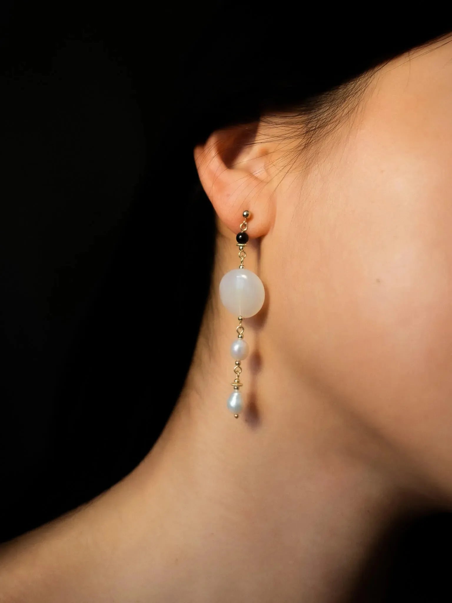 Milky Stone & Pearl Duo Dangle Earrings - Atelier Akina