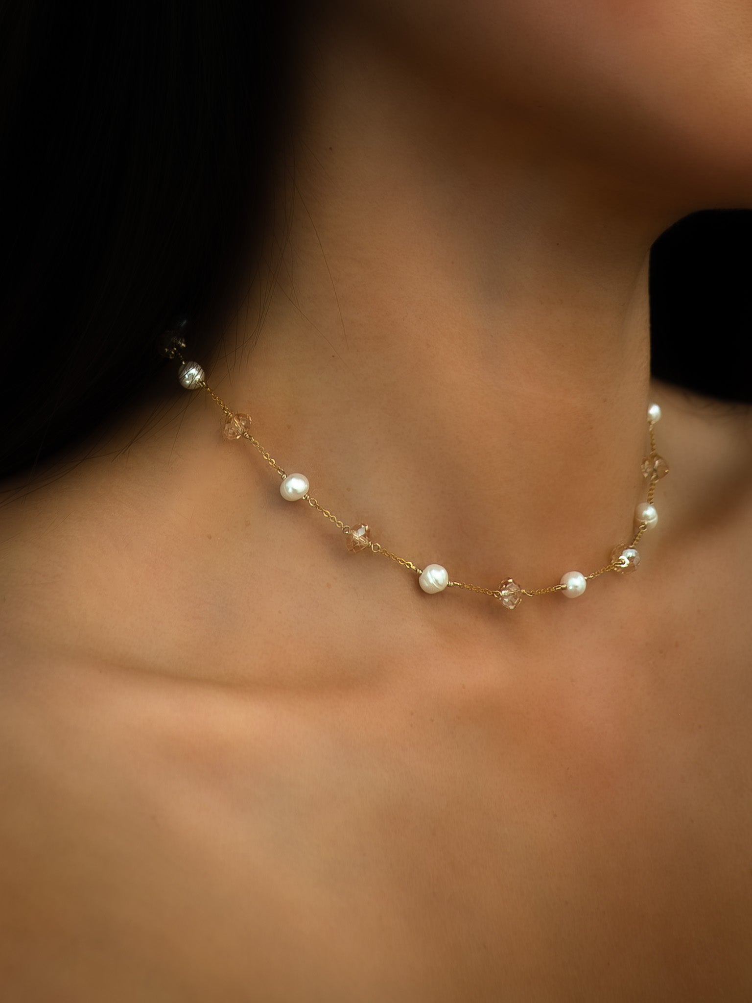 Pearl & Crystal Orbit Gold Choker Necklace