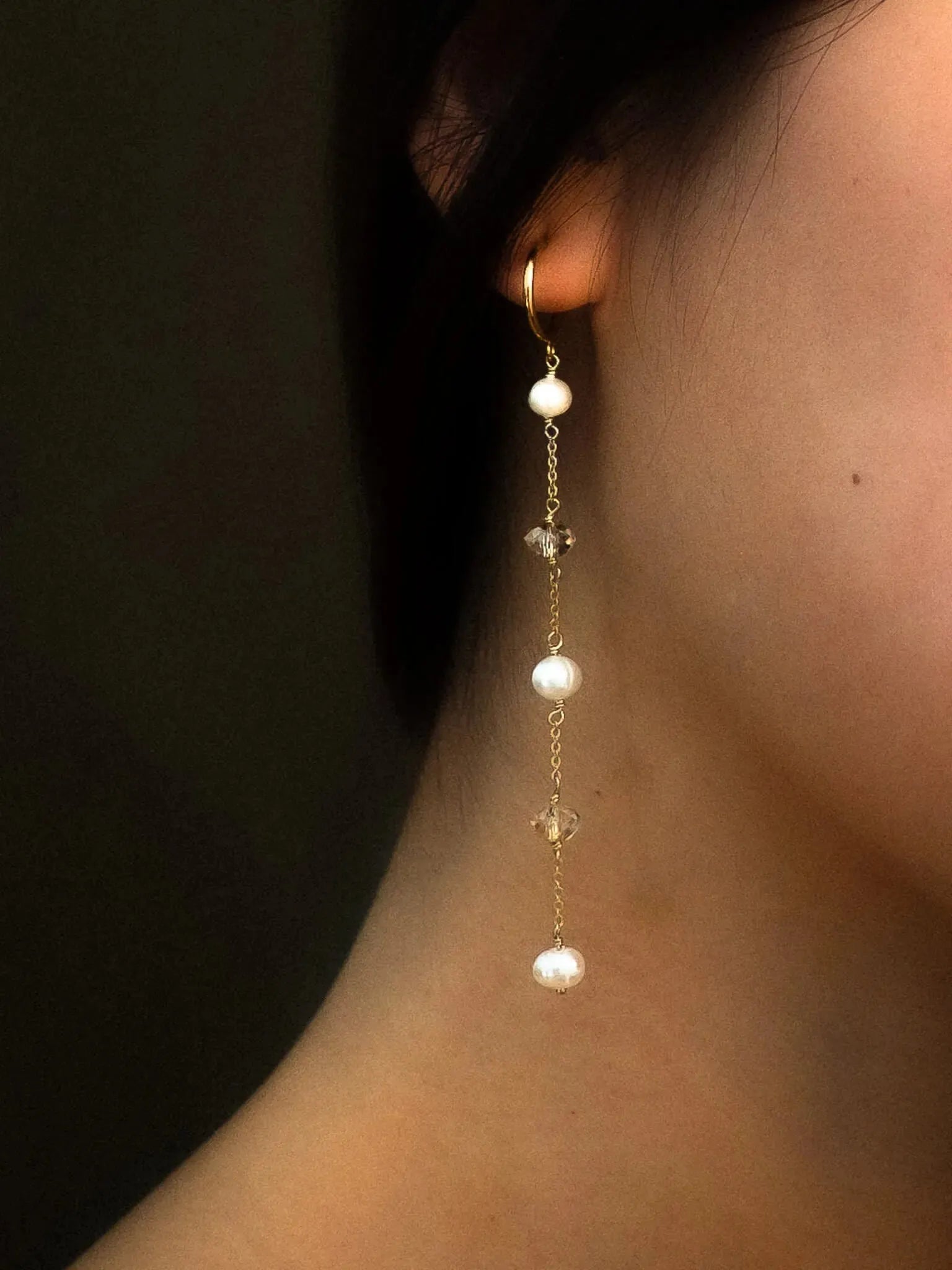 Pearl & Crystal Orbit Gold Dangle Earrings - Atelier Akina